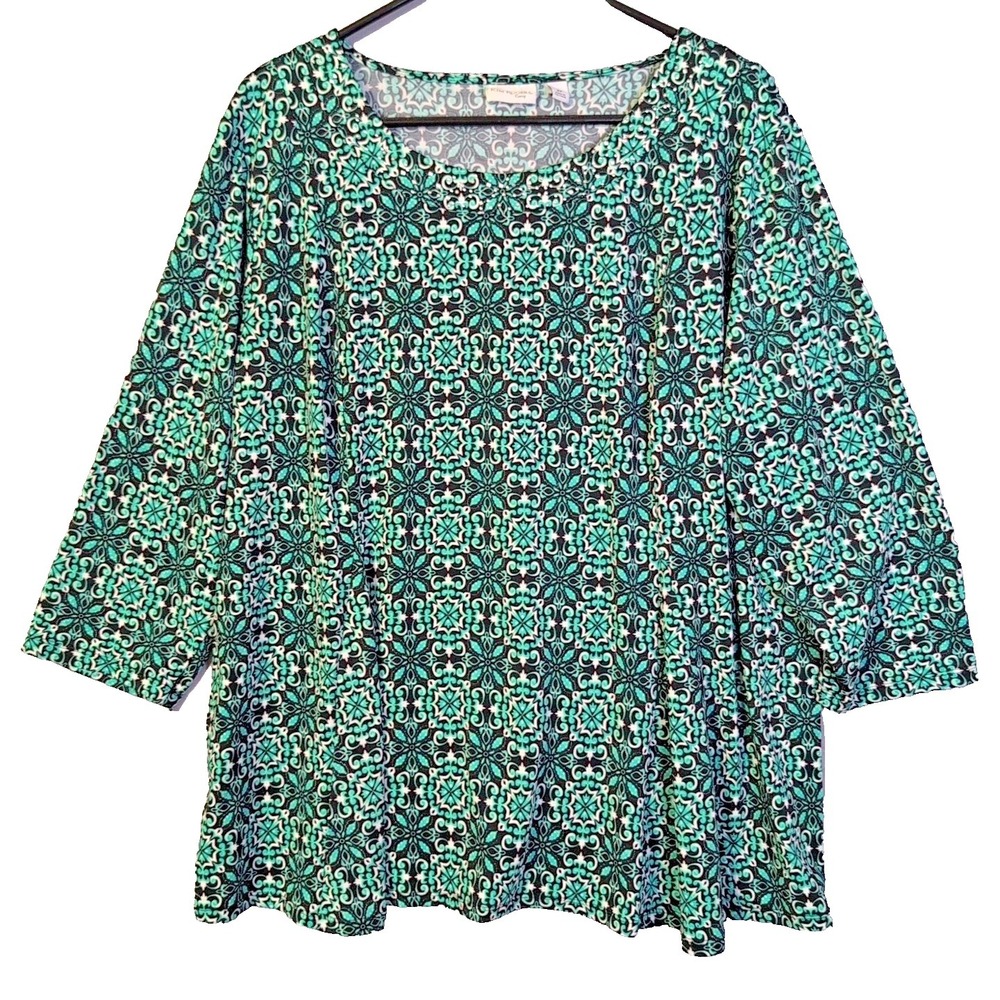Kim Rogers Women's Plus Curvy Size 2X 3/4 Sleeve Teal And Navy Extra Wide Bottom
